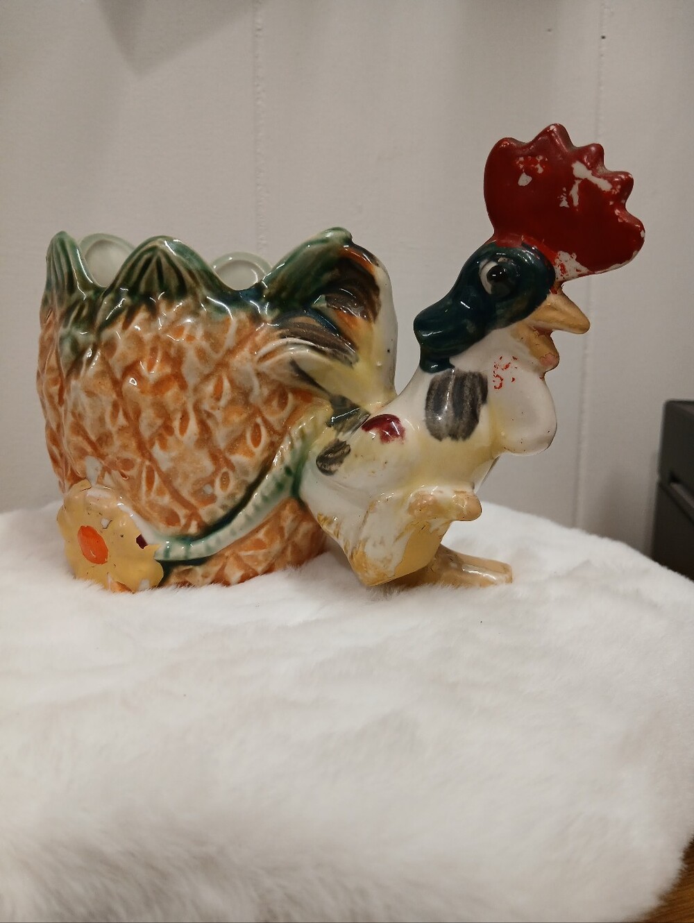 Vintage Ceramic Rooster Pulling A Pineapple Cart Planter